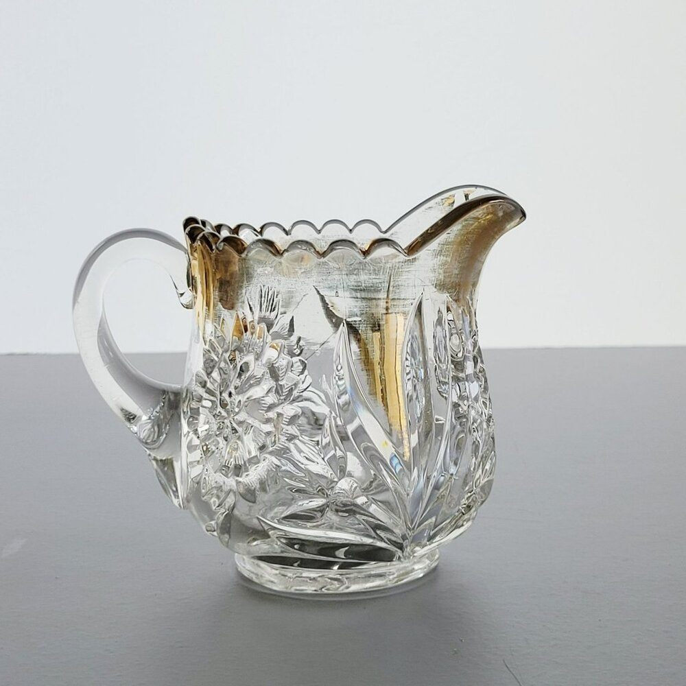 EAPG New Martinsville Carnation Creamer Pitcher, Floral, Gold Edge, c1906-33 USA